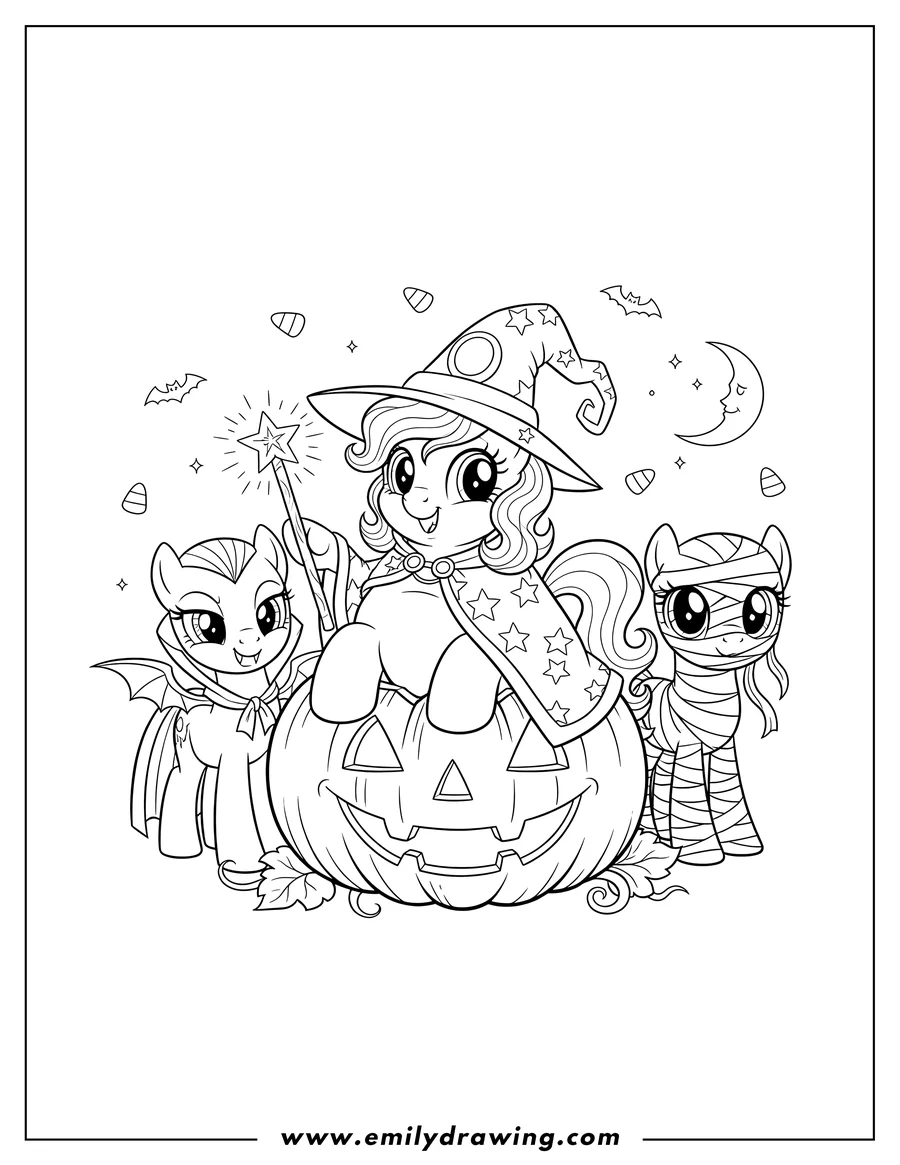 High quality printable halloween Themed My Little Pony, a witch pony sitting in a jack-o'-lantern with two other costumed ponies for coloring