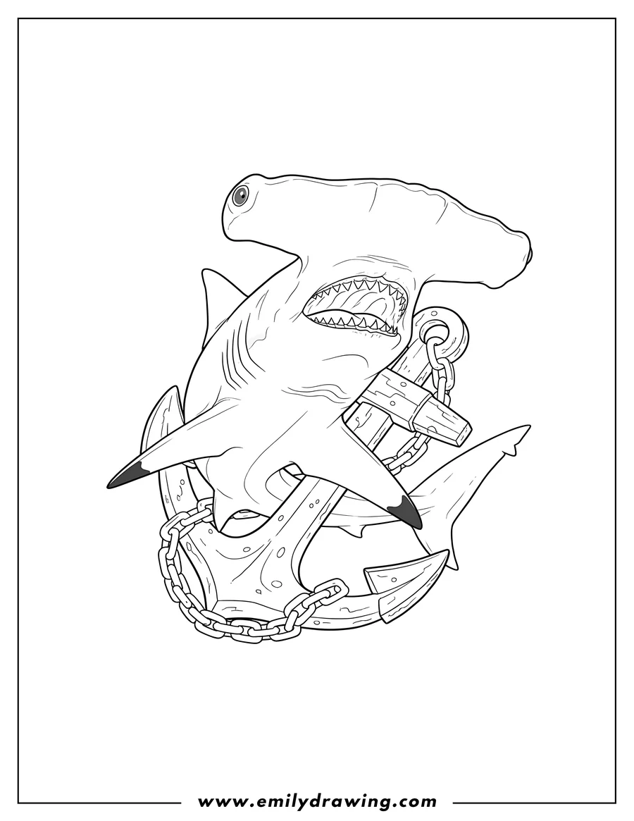 Free printable coloring sheet of realistic Hammerhead Shark with open mouth and showing teeth, on an anchor