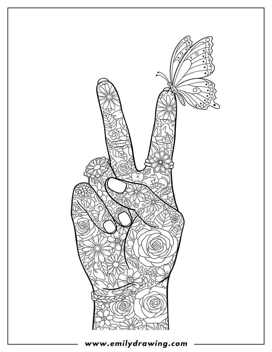 Coloring page for kids: realistic Hand Making Peace Sign While Covered Flowers with Rings and a Butterfly