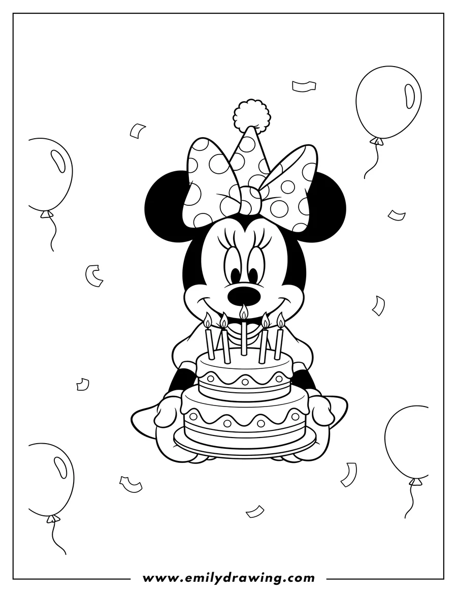 Coloring page of happy Birthday Minnie Mouse wearing a party hat and holding a two-tiered cake with candles