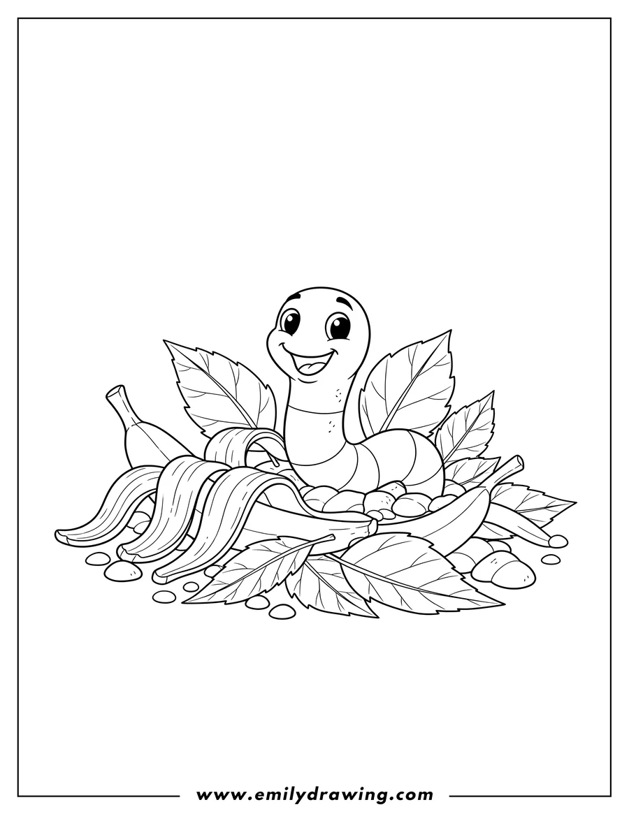 Doodle style coloring picture of A happy smiling worm peeking out of garden compost with banana peels and leaves