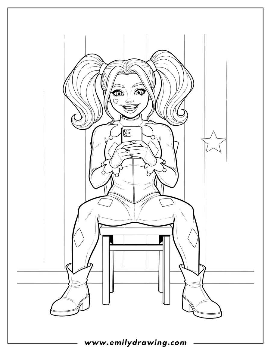 High quality printable realistic Harley Quinn sitting, holding a smartphone, with pigtails, and smiling for coloring