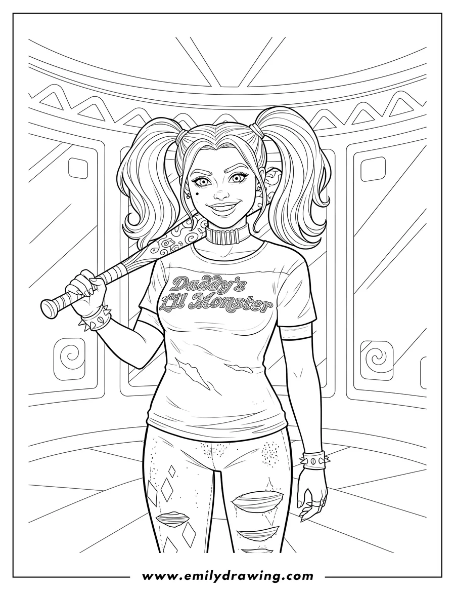 Printable line art of realistic Harley Quinn with pigtails, wearing a Daddy's Lil Monster shirt, holding a bat on her shoulder