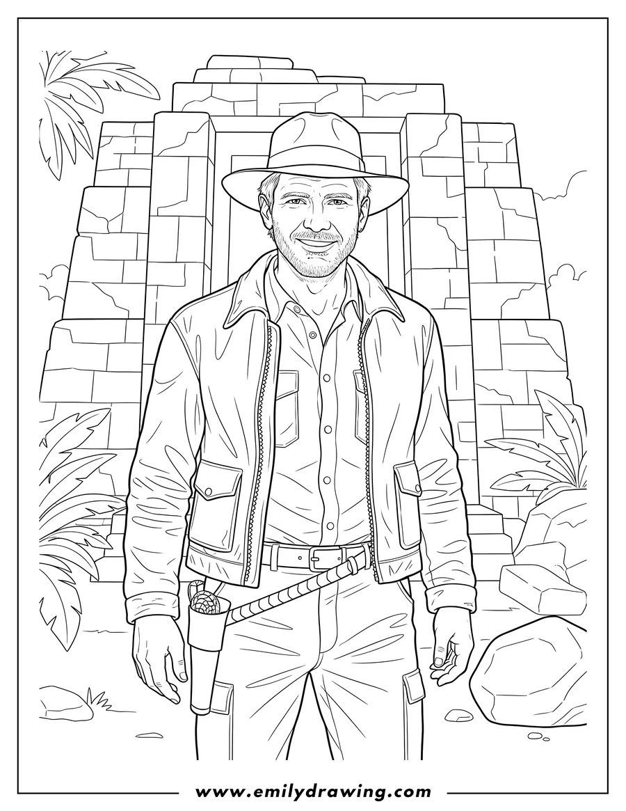 Free printable coloring sheet of harrison Ford As Indiana Jones, wearing a fedora and with stubble
