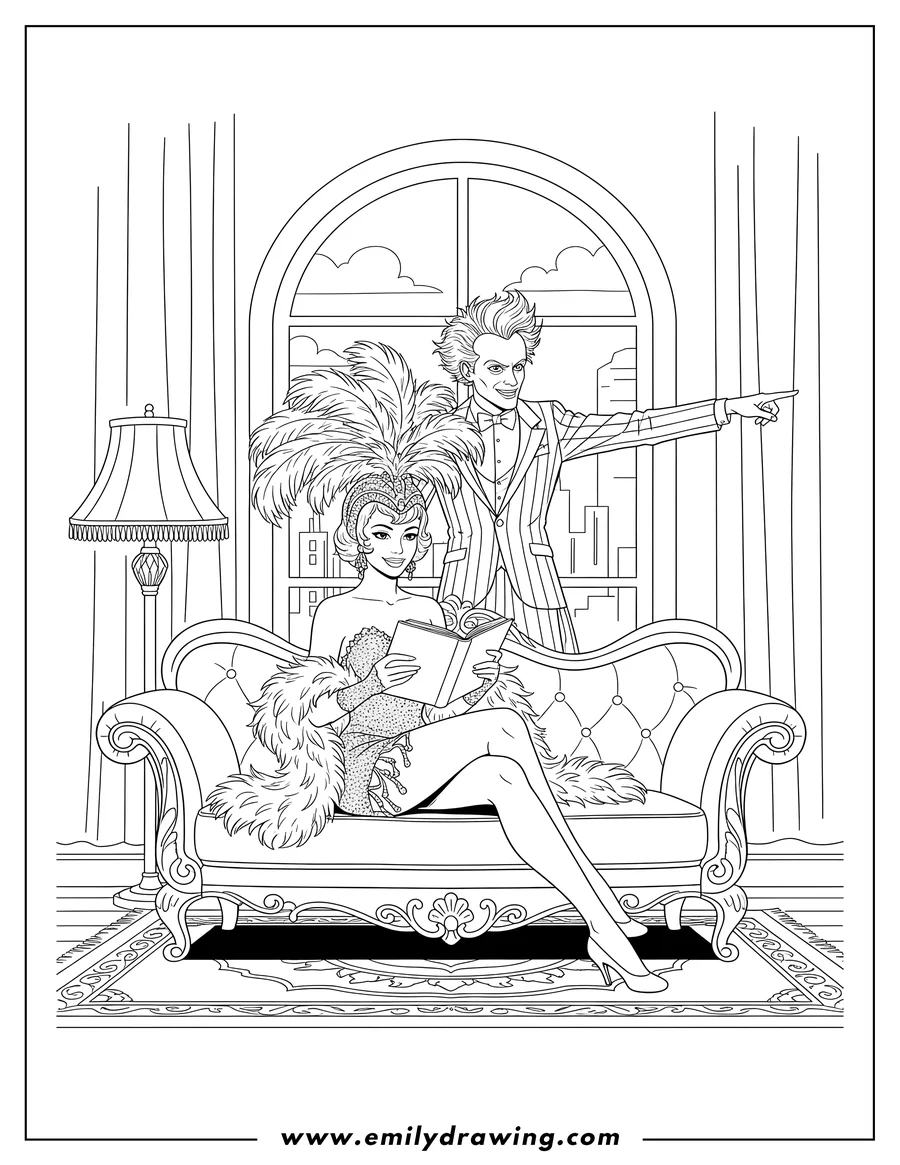 Free to print drawing of beetlejuice Harry Hunter With Show Girl, with Harry standing behind her and pointing as she sits on a couch reading a book
