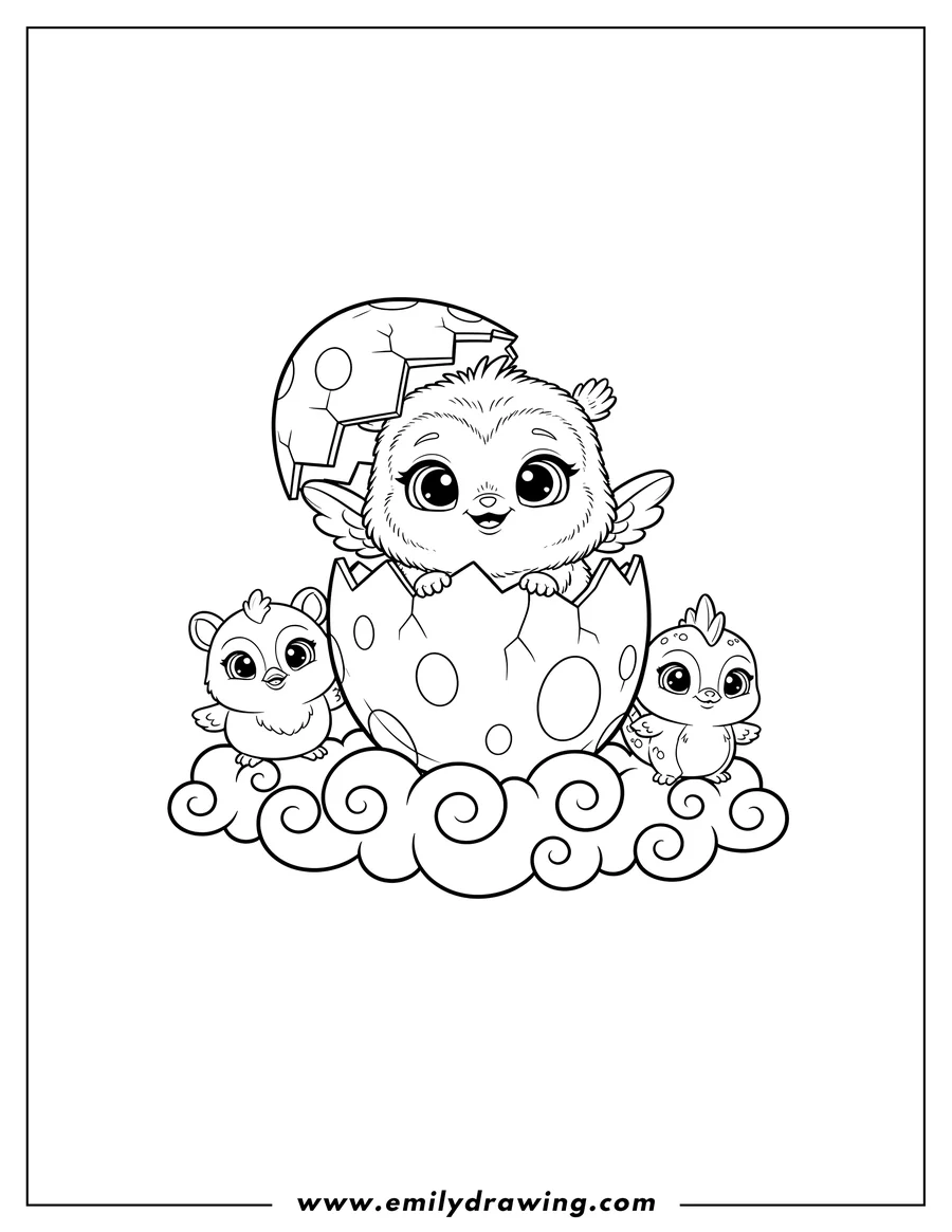 Vector style outline of hatchimals Logo, featuring a cracking egg with a creature emerging, and two small creatures