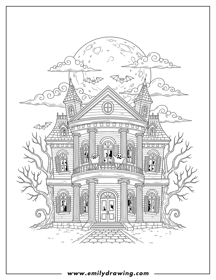 Full page coloring image of realistic Haunted Mansion To Color Scaled, with tall columns, a full moon, and clouds