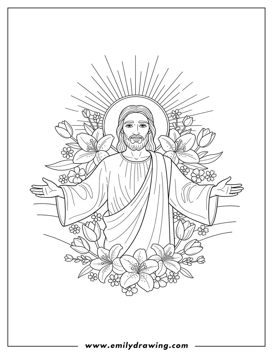 PDF style coloring page: he Is Risen Jesus Easter portrait with halo and flowers