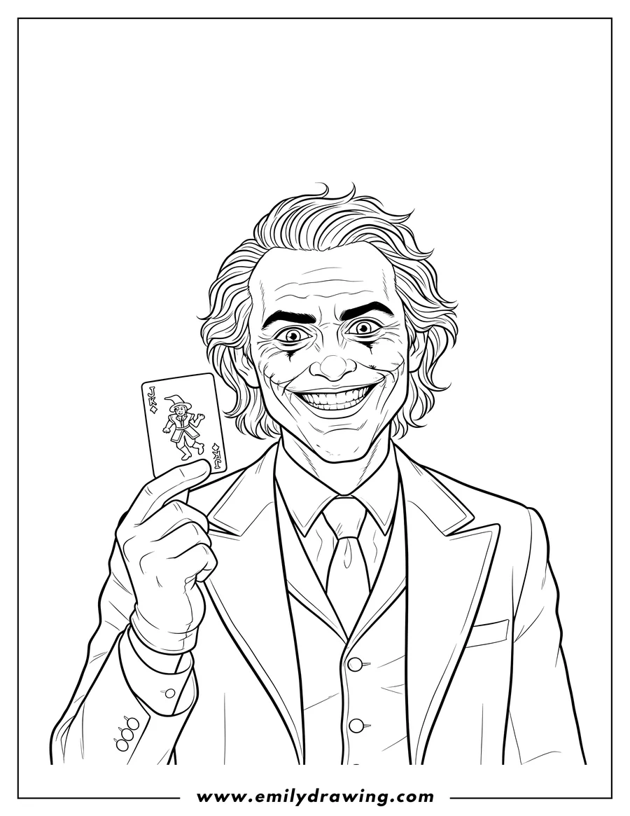 Black and white line art of realistic Heath Ledger As Joker, smiling widely and holding a playing card
