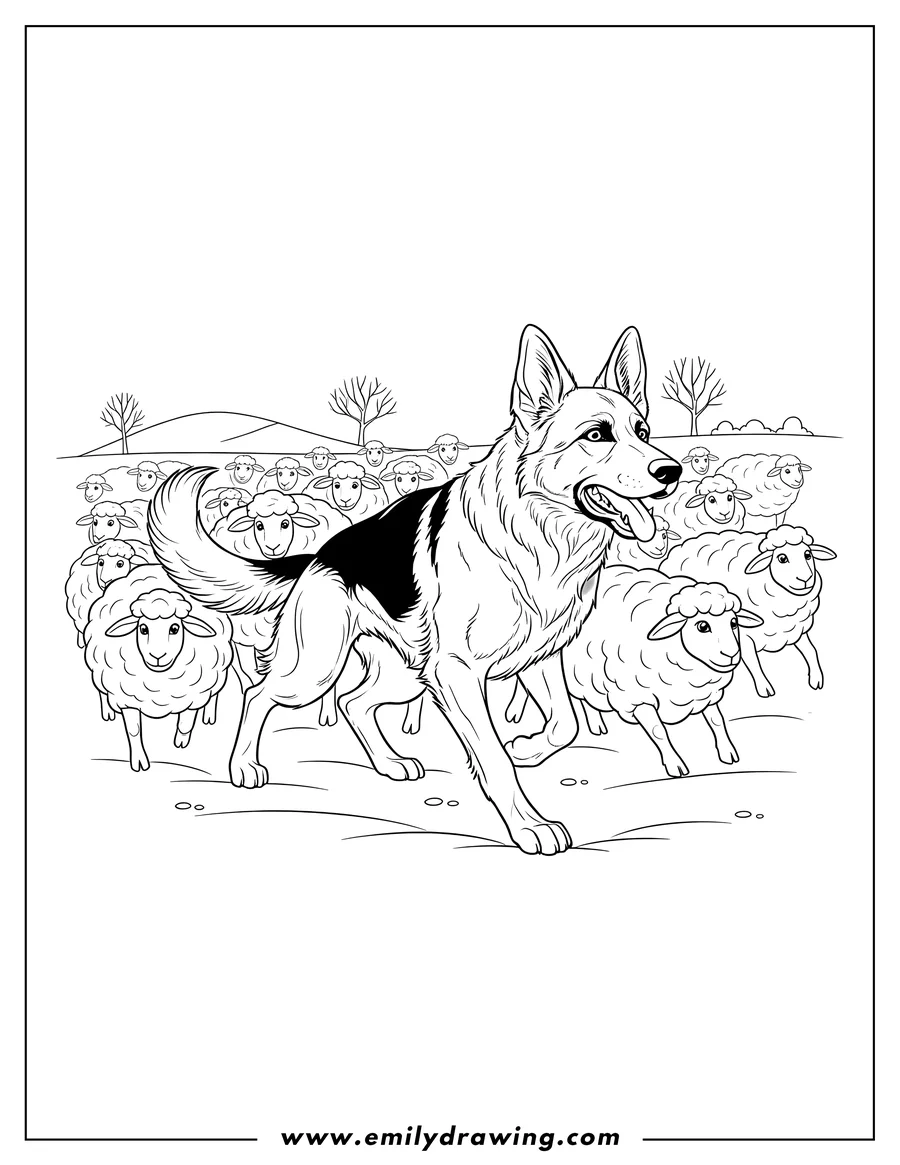 Doodle style coloring picture of german Shepherd striding and barking, herding a large flock of sheep