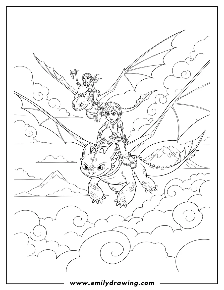 Full page coloring image of how To Train Your Dragon Detailed Poster, featuring Hiccup riding Toothless and Astrid on Stormfly flying