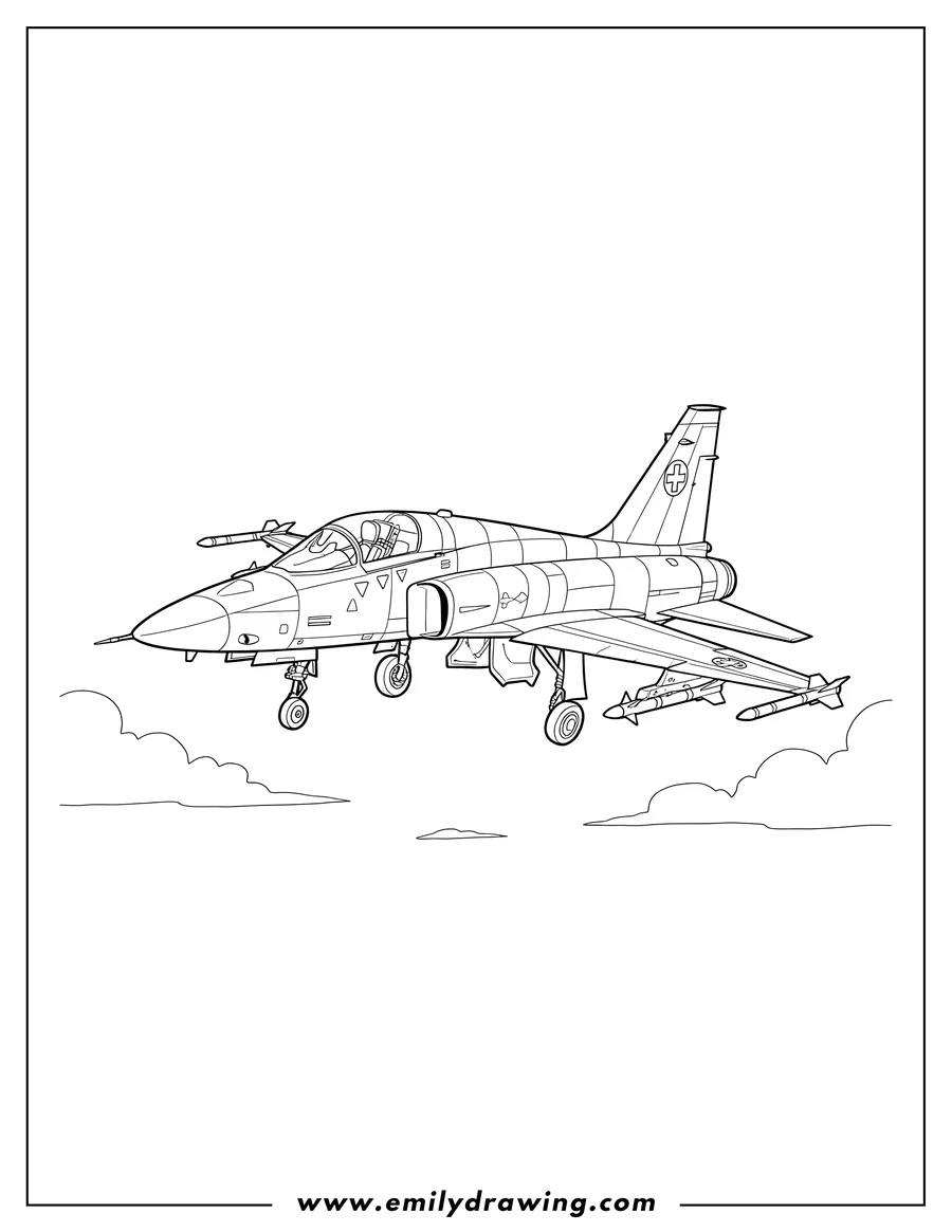 Coloring page of high Speed Swiss Air Force F 5 Jet with landing gear down and missiles under wings