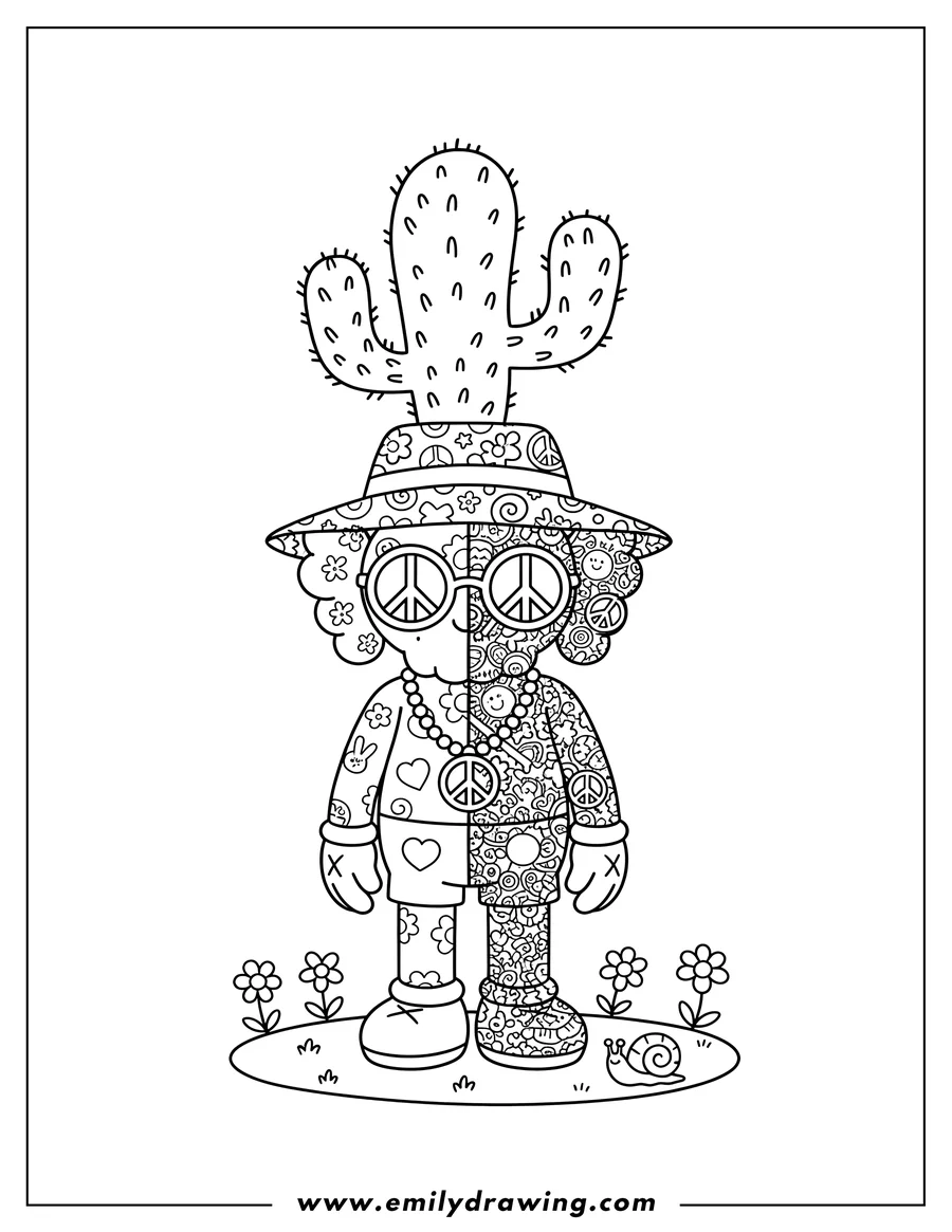 PDF style coloring page: hippie Dissected Kaws Companion with a cactus on its head and intricate doodle filling