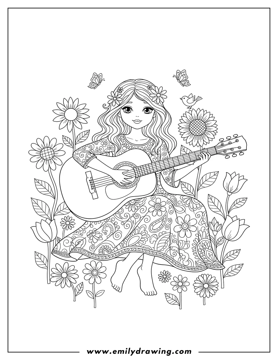 Doodle style coloring picture of hippie Girl with long wavy hair in a patterned dress sitting and playing guitar in a flower field