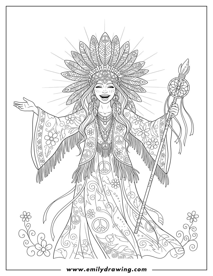 Free printable coloring sheet of hippie Native American woman smiling and wearing a feathered headdress