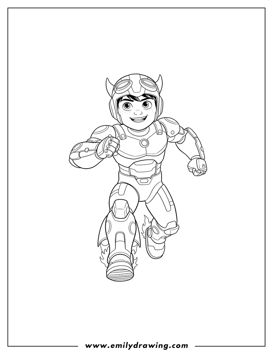 Coloring sheet featuring hiro Hamada Superhero Armor, in a dynamic running pose and smiling