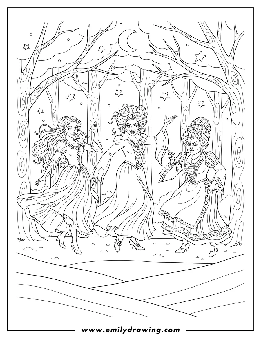 High quality printable realistic Hocus Pocus Winifred Sarah And Mary Sanderson dancing and gesturing in a starry forest for coloring