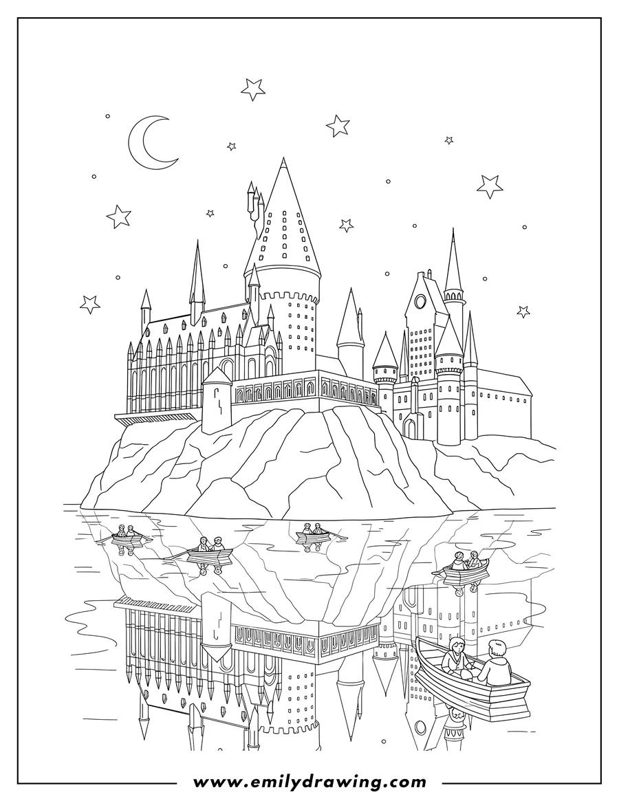 PDF style coloring page: outline Hogwarts Castle And Great Lake with students in small boats under stars
