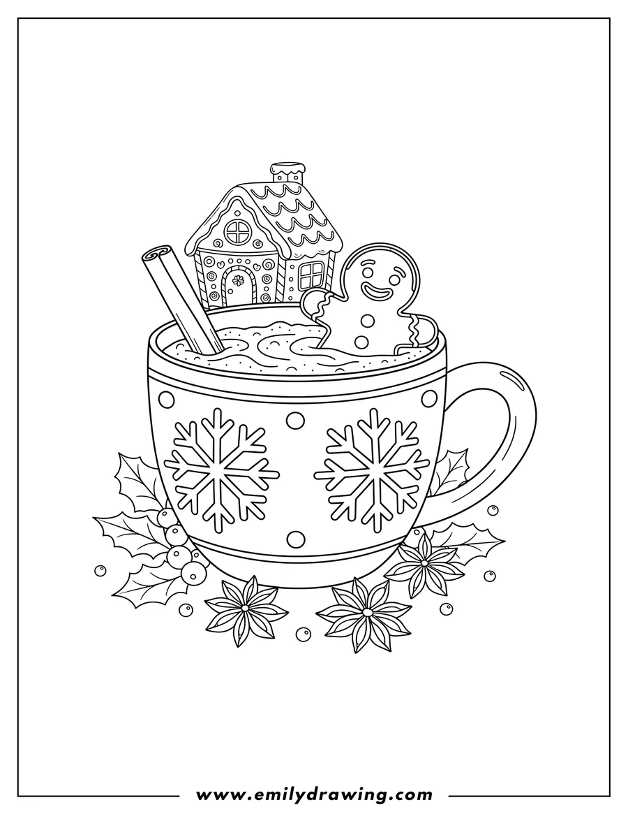 Free to print drawing of realistic Hot Chocolate in a snowflake mug with a cinnamon stick, a gingerbread man, a gingerbread house, Christmas berries, and star anise