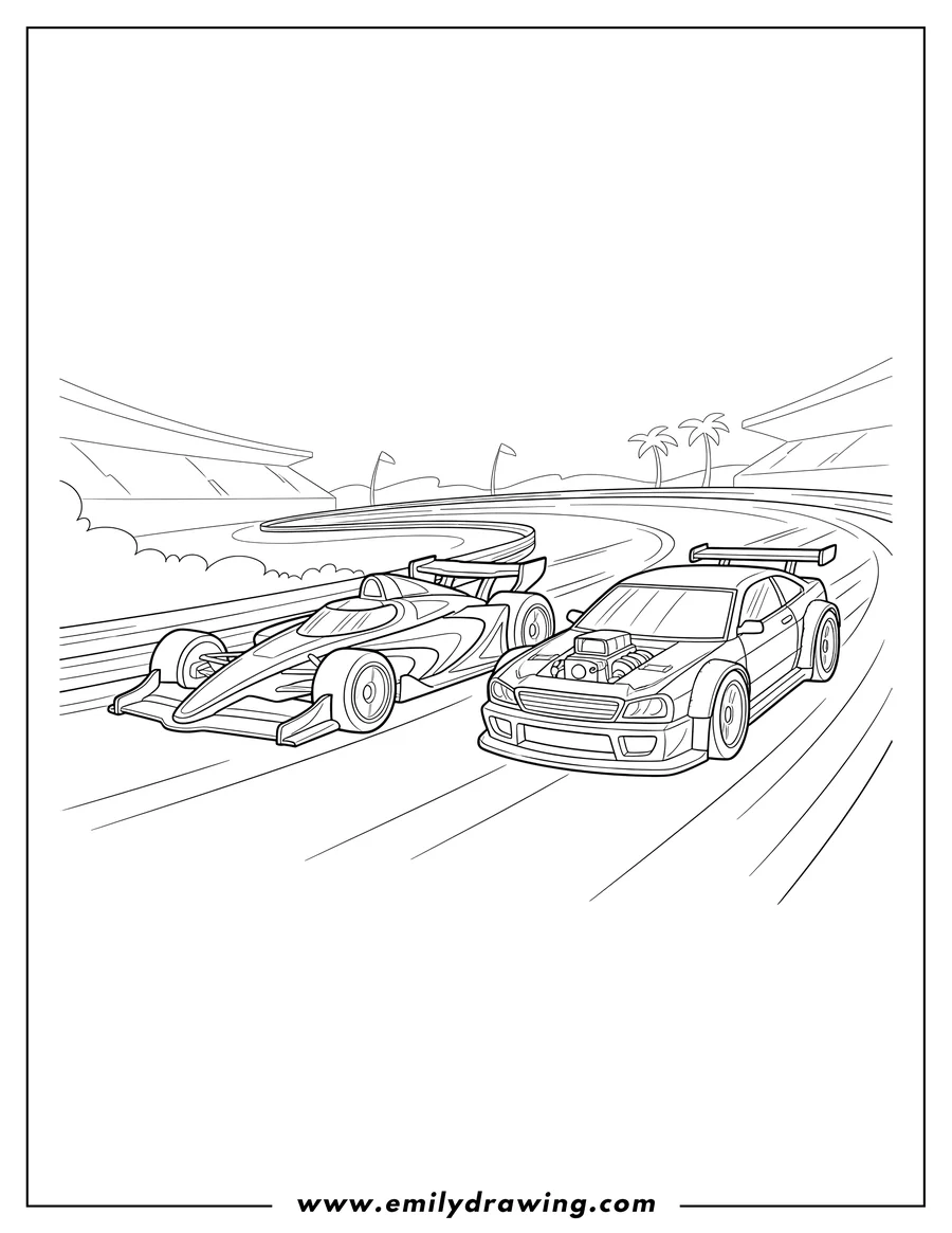 Printable line art of hot Wheels Race Cars On Track, with a Formula 1 and a touring car racing side-by-side