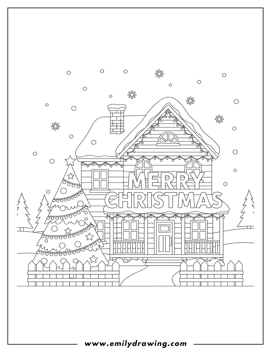 Black and white line art of christmas Lights On House with MERRY CHRISTMAS spelled out and a Christmas tree in the yard To Color
