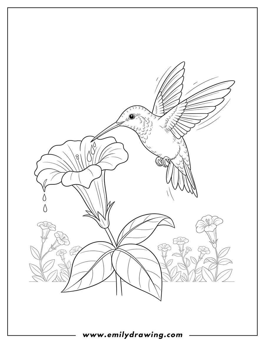Coloring page for kids: realistic Hummingbird Flying, feeding from a flower