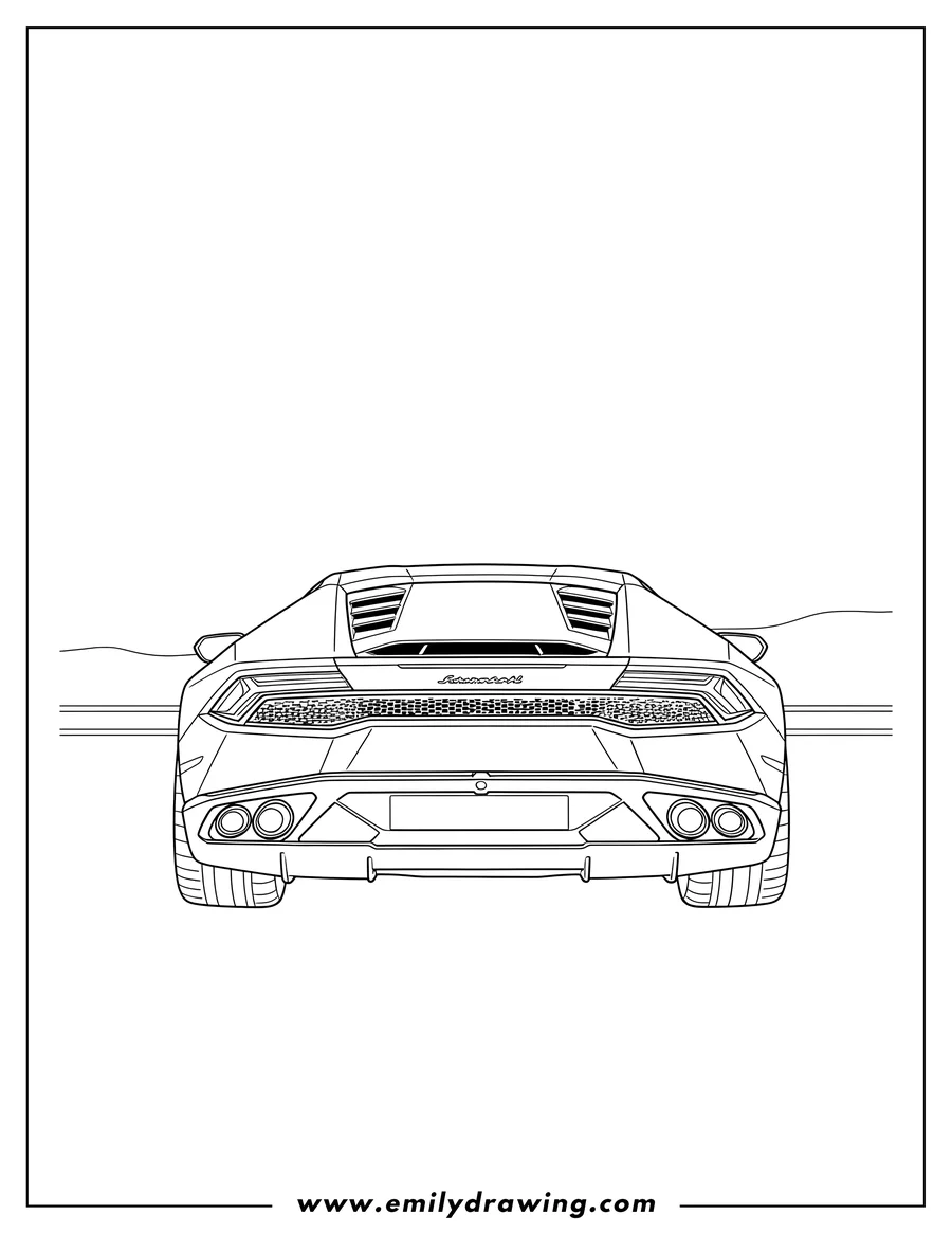 Full page coloring image of lamborghini Huracan, rear view, with visible taillights and exhaust