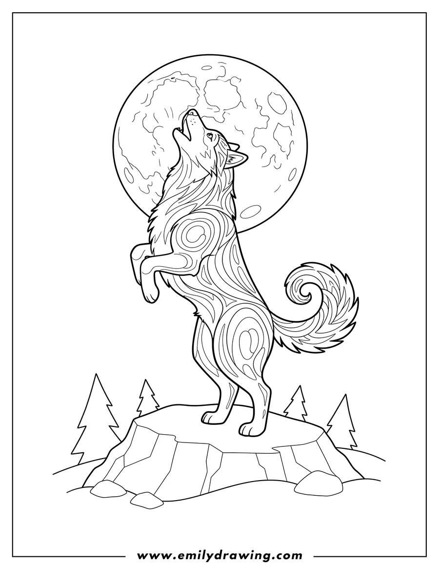 Printable line art of husky Howling At Full Moon, standing with a curled tail and stylized fur markings