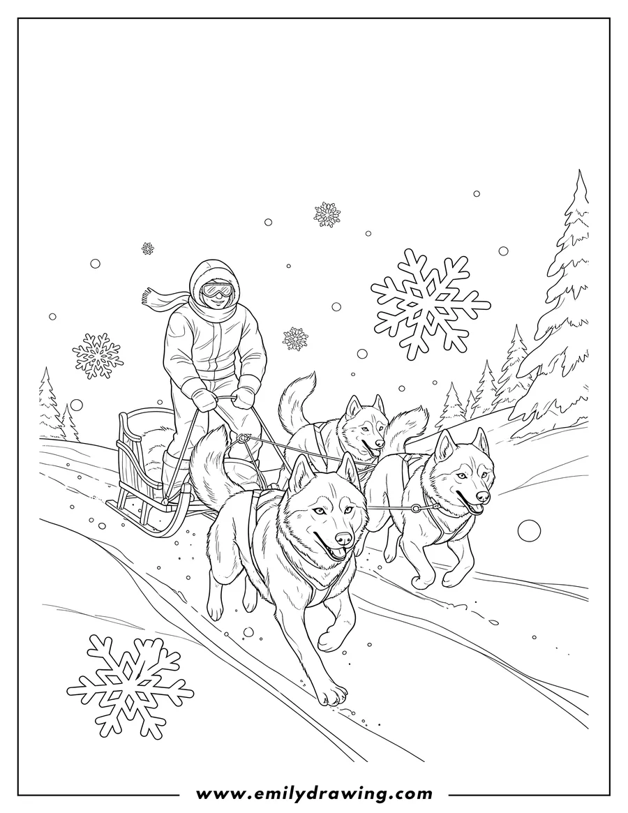 Doodle style coloring picture of realistic Husky Sled Team running with a musher in falling snow