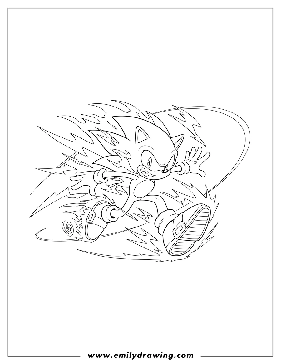 Full page coloring image of hyper Sonic Running At Full Speed, grinning with an outstretched arm