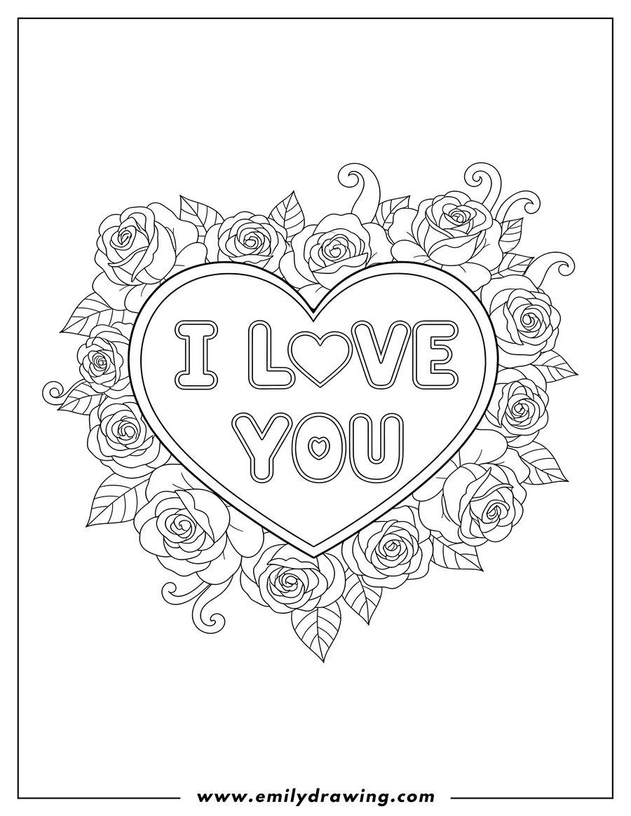 Free to print drawing of I Love You message in a heart, with roses and leaves