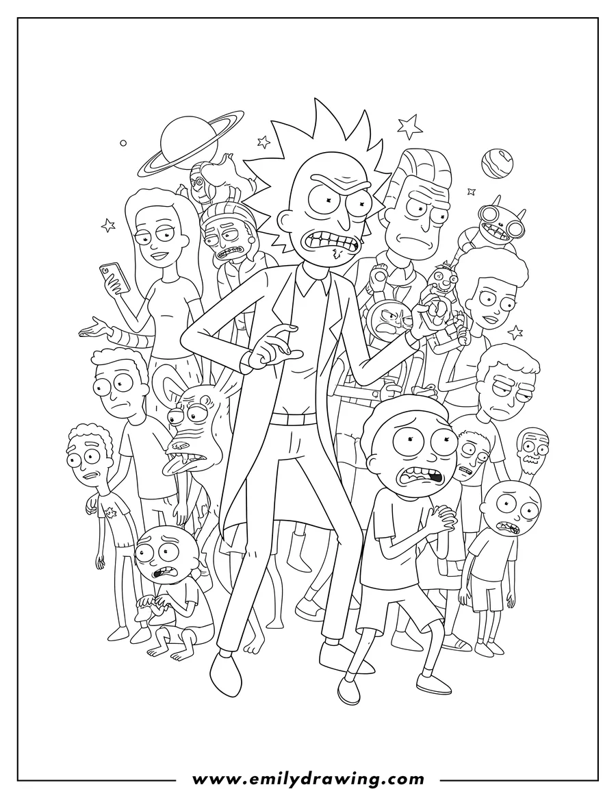 Vector style outline of iconic Characters From Rick And Morty To Color Scaled, with an angry Rick and a scared Morty, surrounded by many other characters