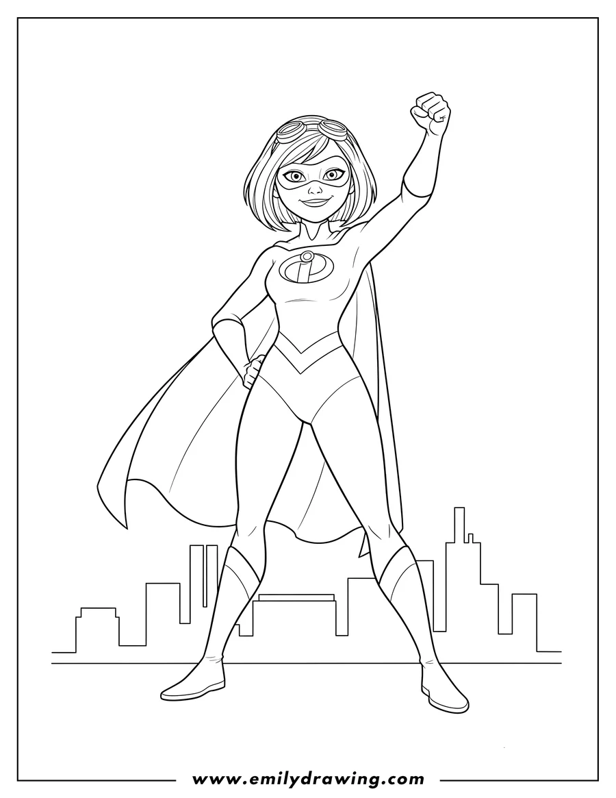 Downloadable coloring page of incredibles Superhero Evelyn Deavor, wearing goggles and a mask, standing with a raised fist