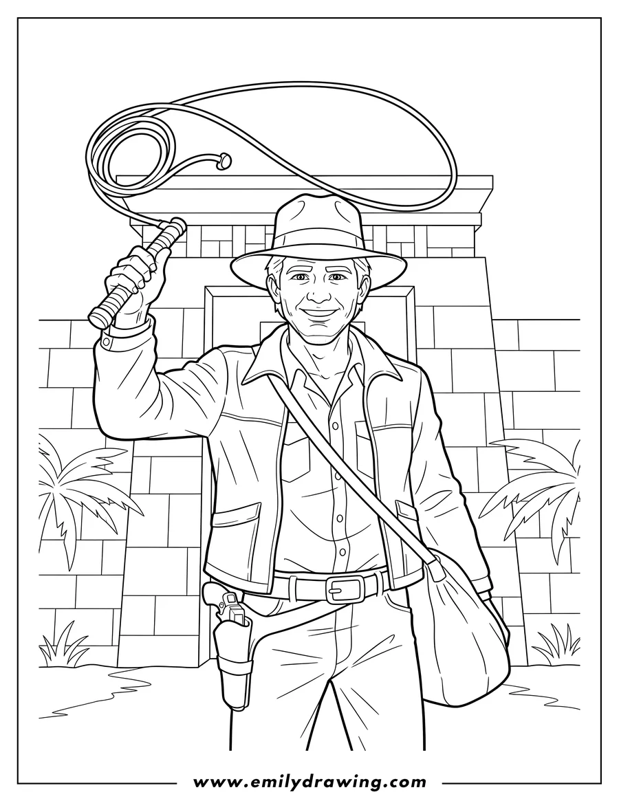 Coloring page of realistic Indiana Jones smiling and holding up a bullwhip