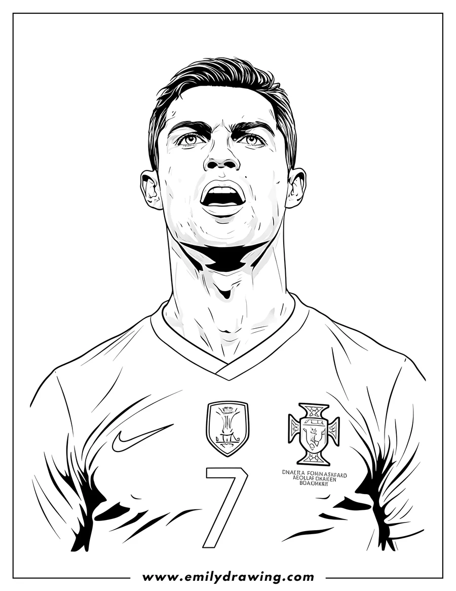 Black and white line art of closeup Cristiano Ronaldo, looking up intensely with his mouth slightly open, wearing a soccer jersey