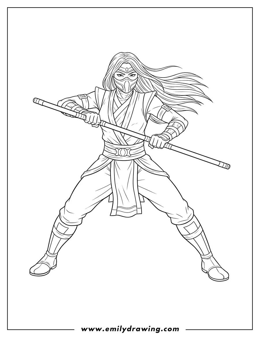 PDF style coloring page: mortal Kombat Jade wearing her mask and holding her steel bo staff in a ready stance