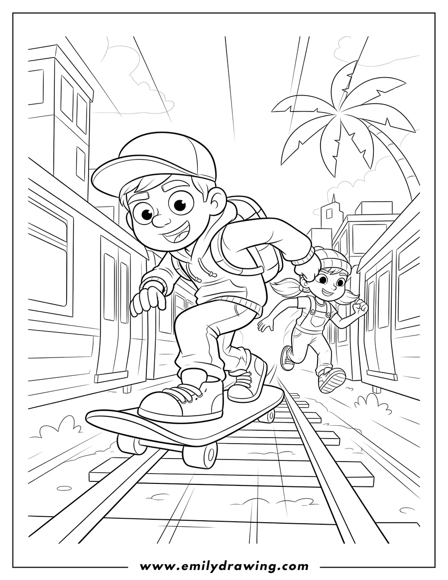High quality printable subway Surfers Jake on hoverboard racing Tricky running on train tracks for coloring