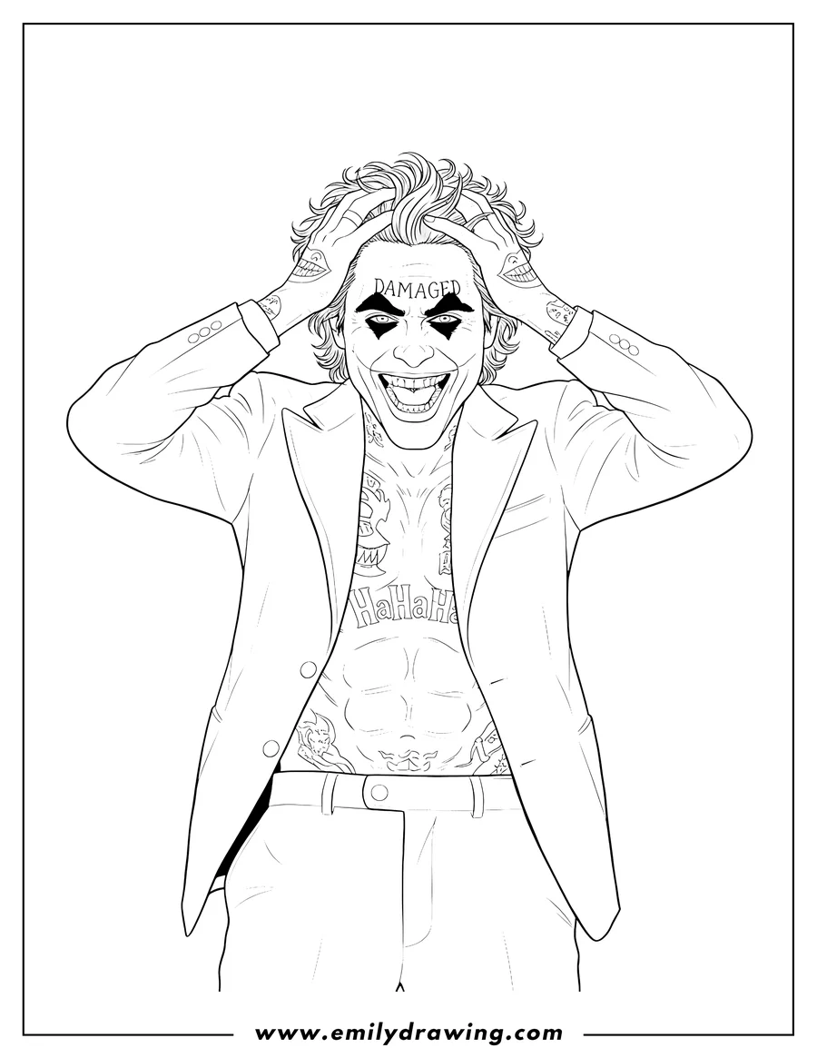 Coloring sheet featuring realistic Jared Leto S Joker with hands on head, mouth open, and prominent tattoos