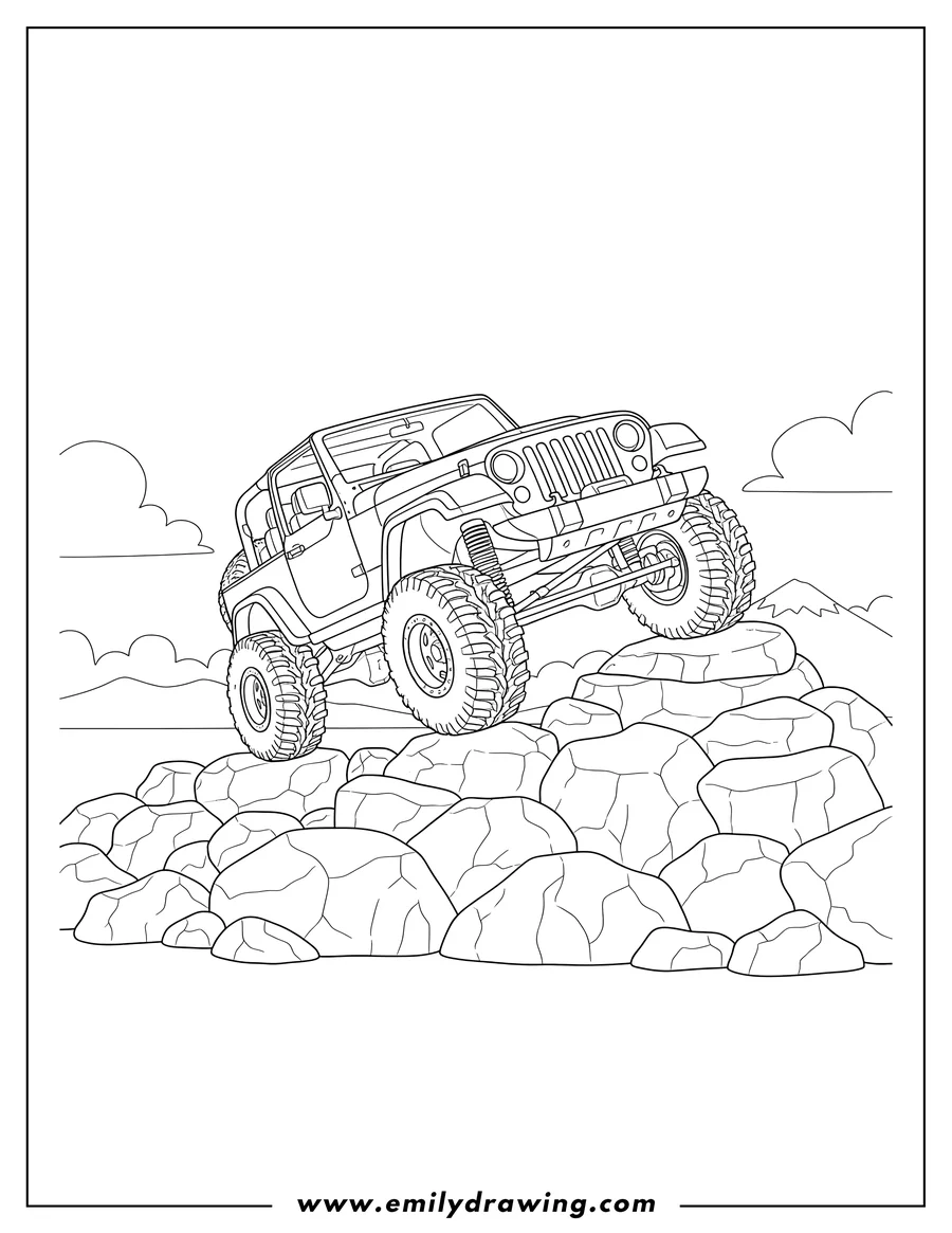 Free to print drawing of jeep Off Roading, lifted, climbing over rocks