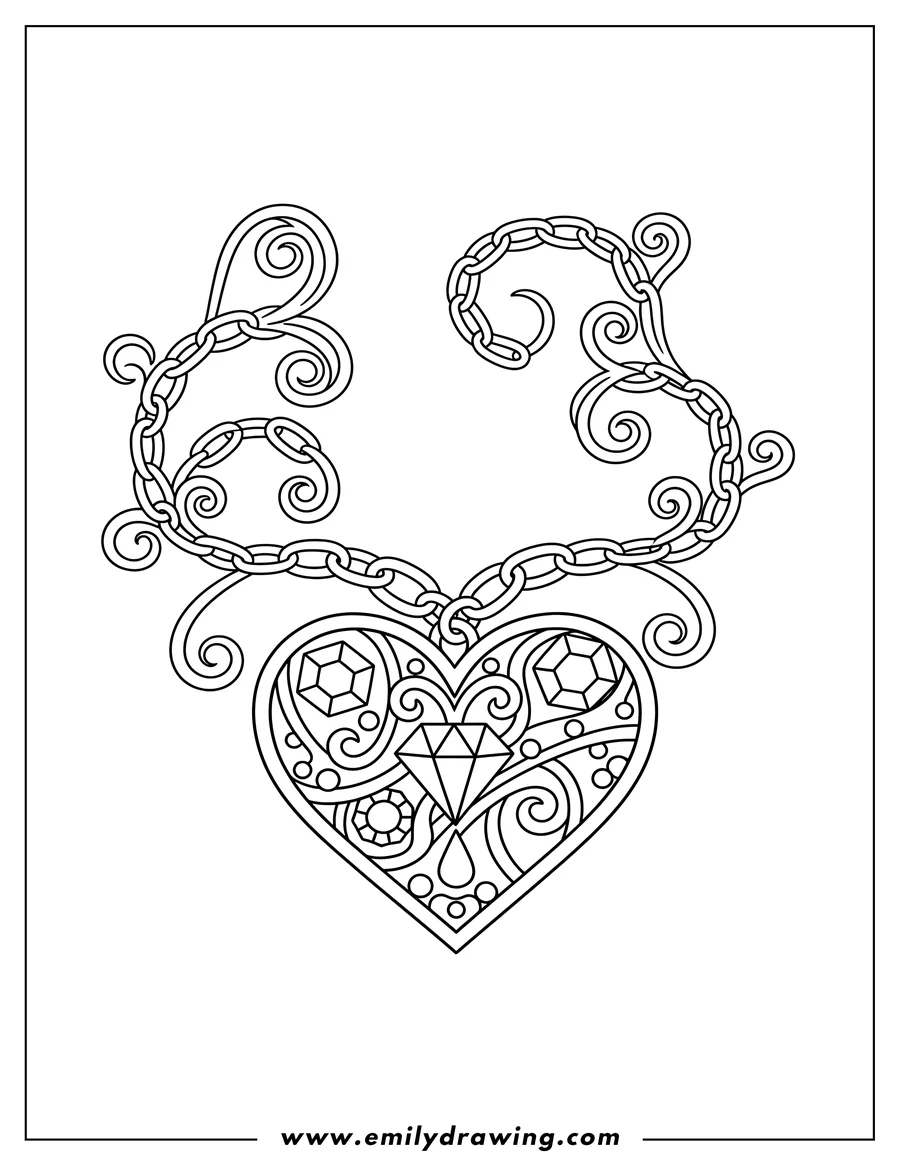 Black and white line art of jeweled heart pendant necklace with a swirling chain