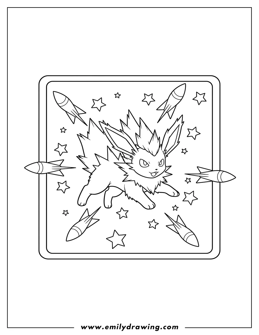 Clean line drawing: jolteon Pin Missile Pokemon Card, spiky, surrounded by stars