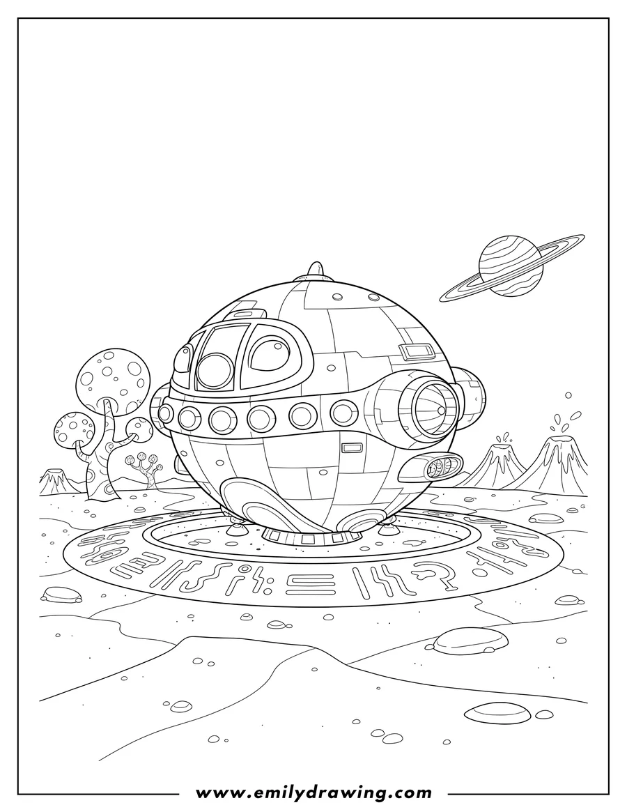 High quality printable jumba's ship landed with alien symbols coloring page for coloring