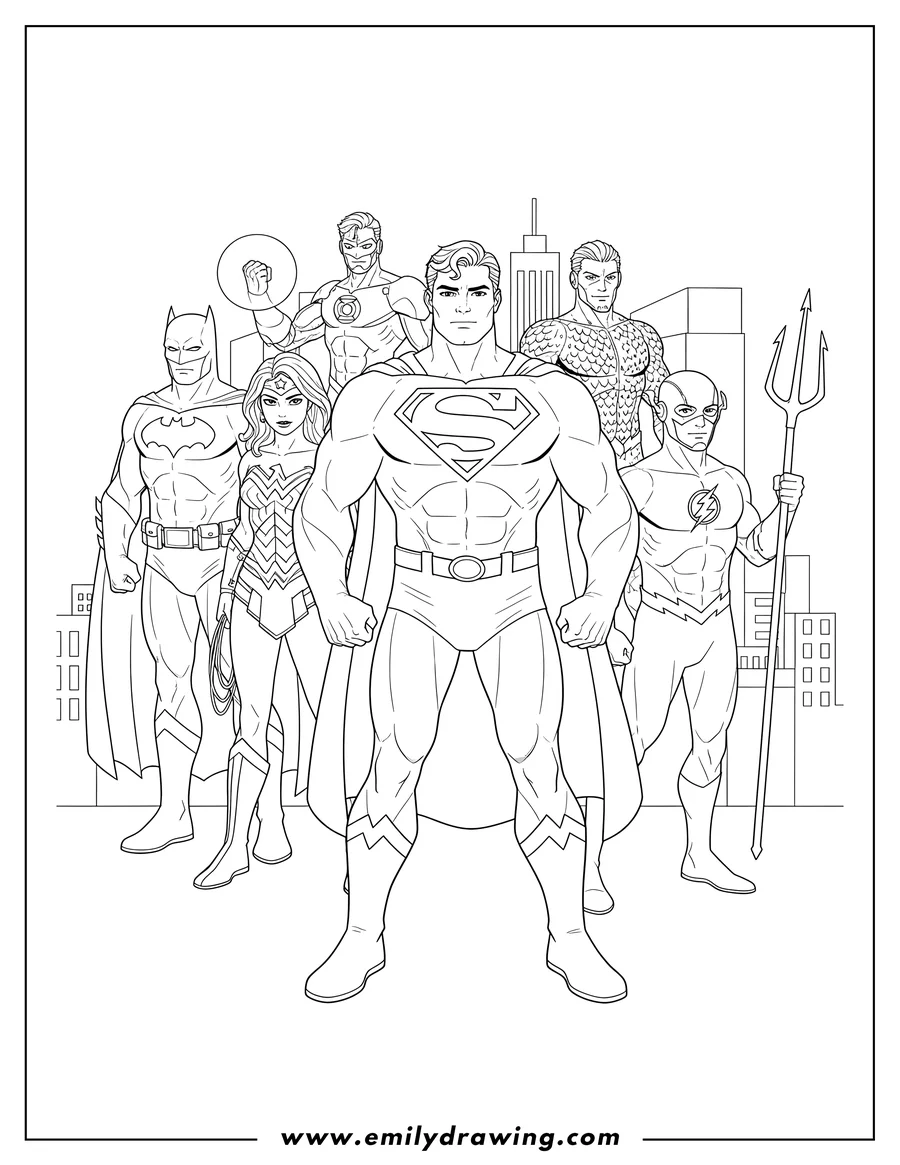 Downloadable coloring page of justice League Superheroes in a group pose with Superman in front