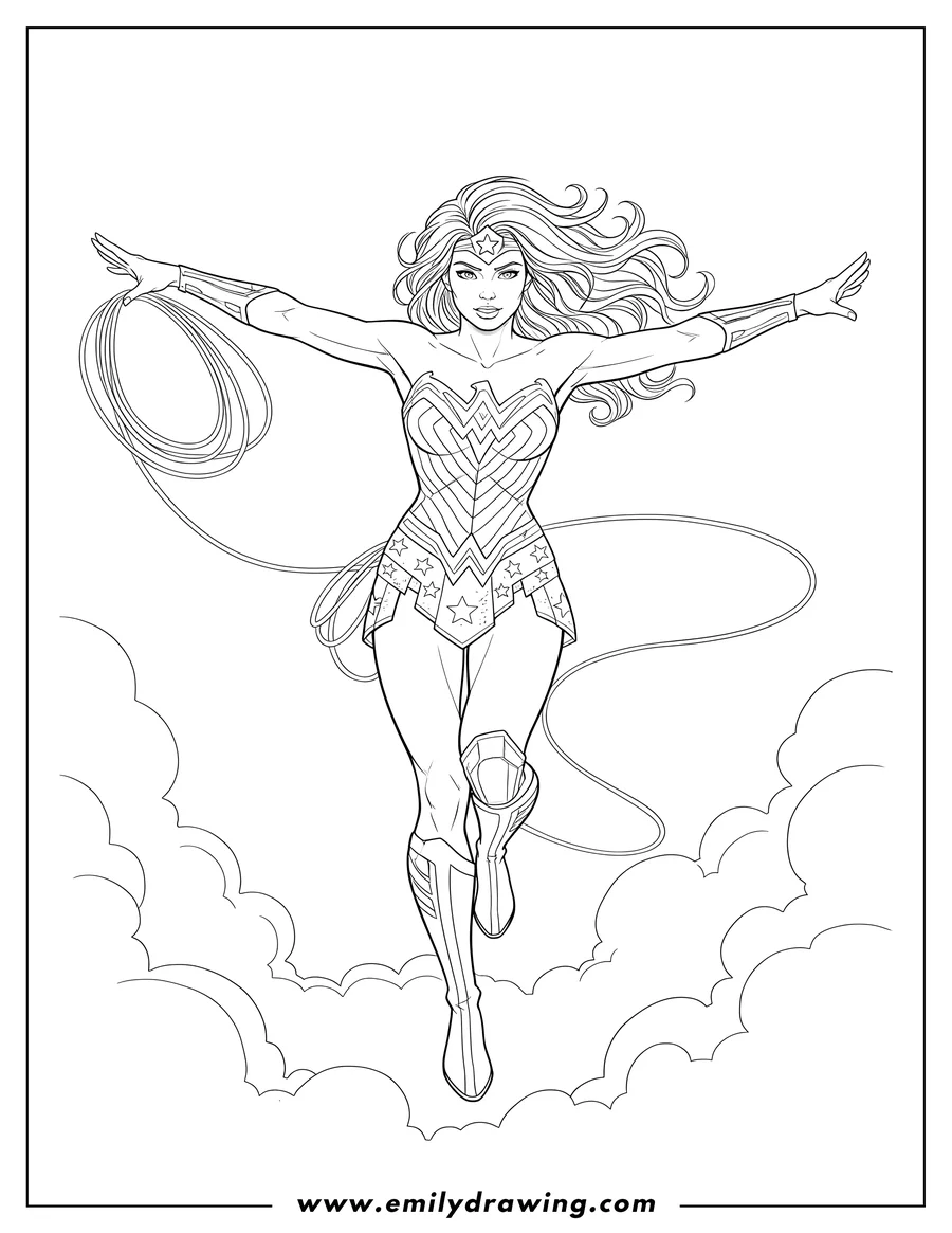 Black and white line art of realistic Justice League Wonder Woman flying, with outstretched arms and Lasso of Truth