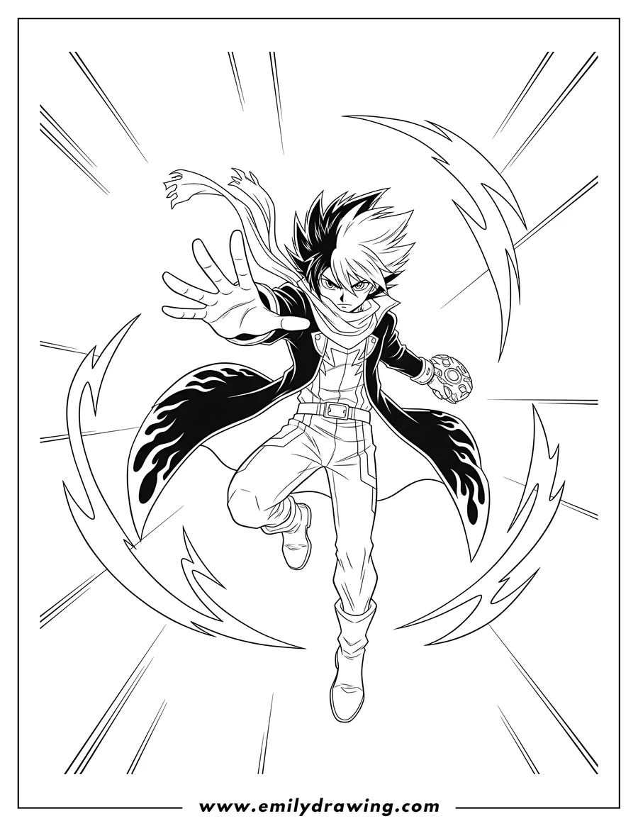 Simple sketch of kai Hiwatari leaping, surrounded by energy to color