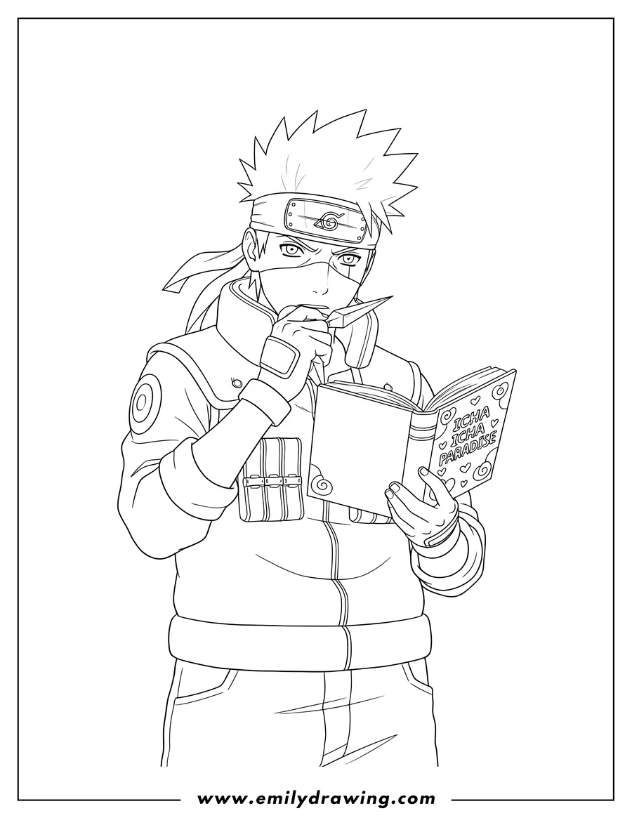 Printable line art of realistic Kakashi wearing a ninja headband, holding a kunai to his mouth, and reading his Icha Icha Book