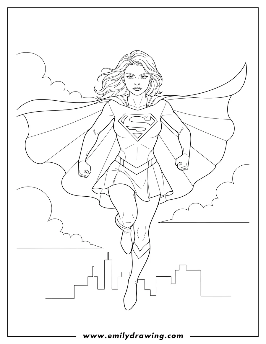 Coloring page of realistic Kara Zor El Supergirl in her costume with flowing cape