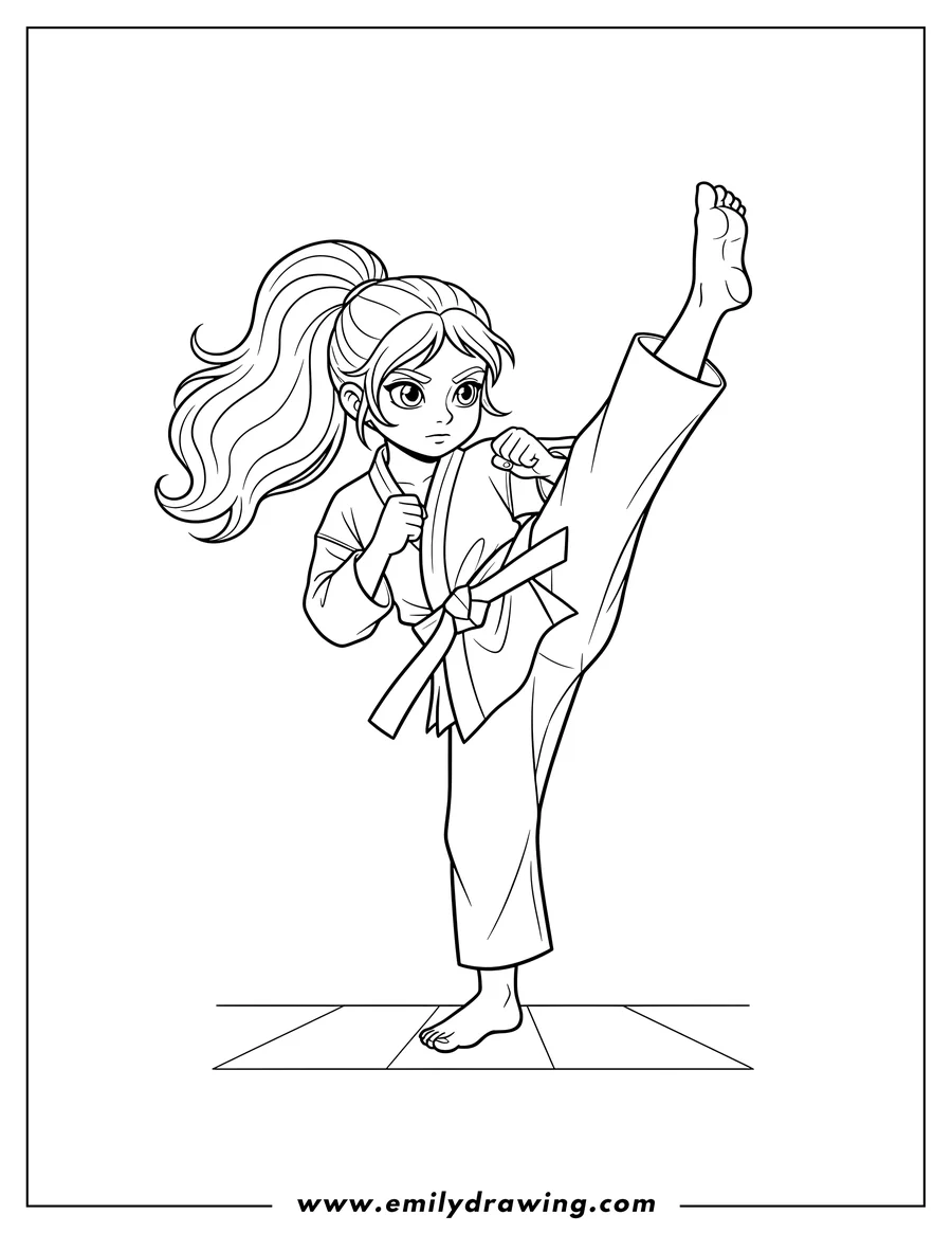 Simple sketch of realistic Karate Girl with long hair doing a high kick, one leg raised high and one arm raised in a fist to color