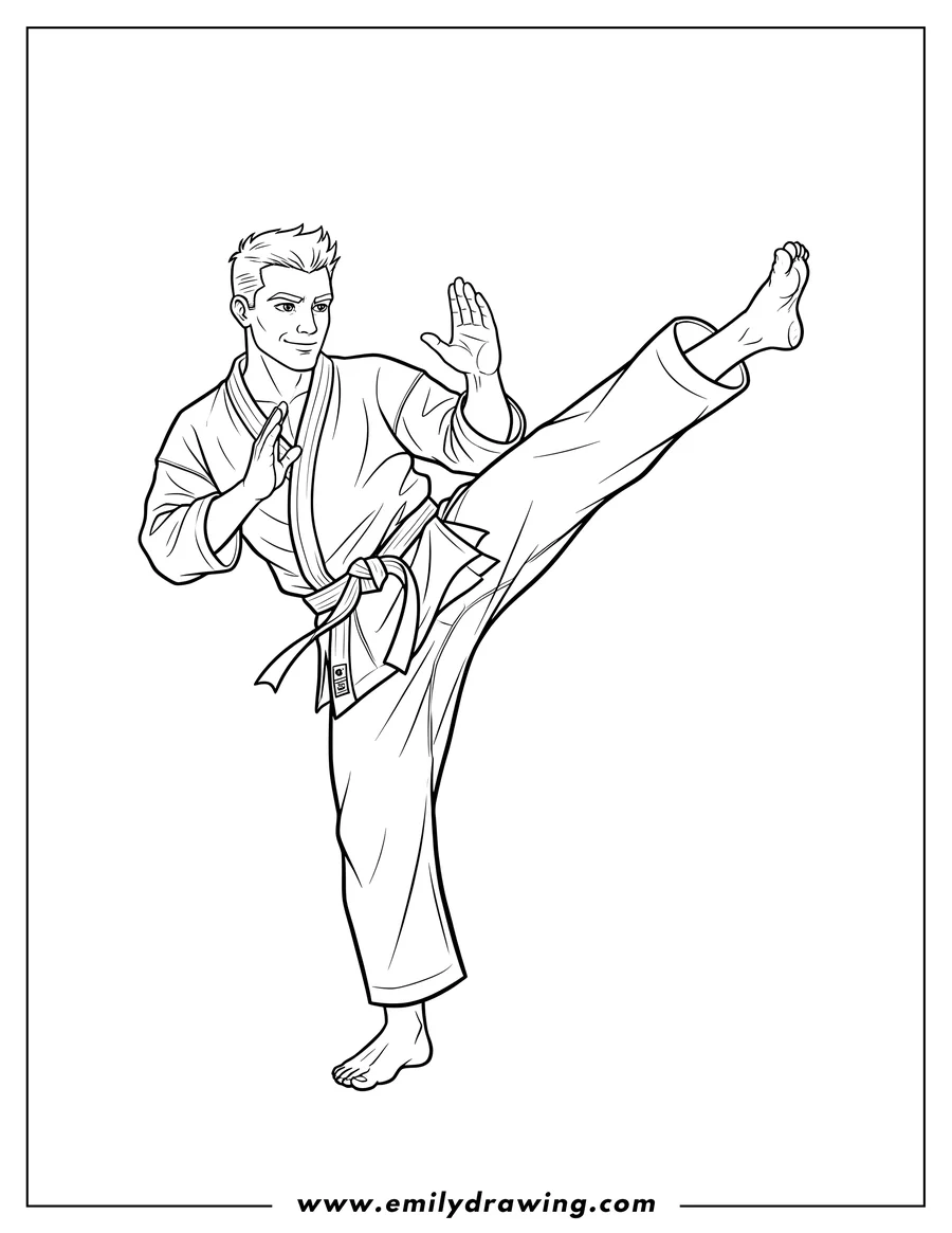 Linear illustration of realistic Karate Master performing a high kick in a gi