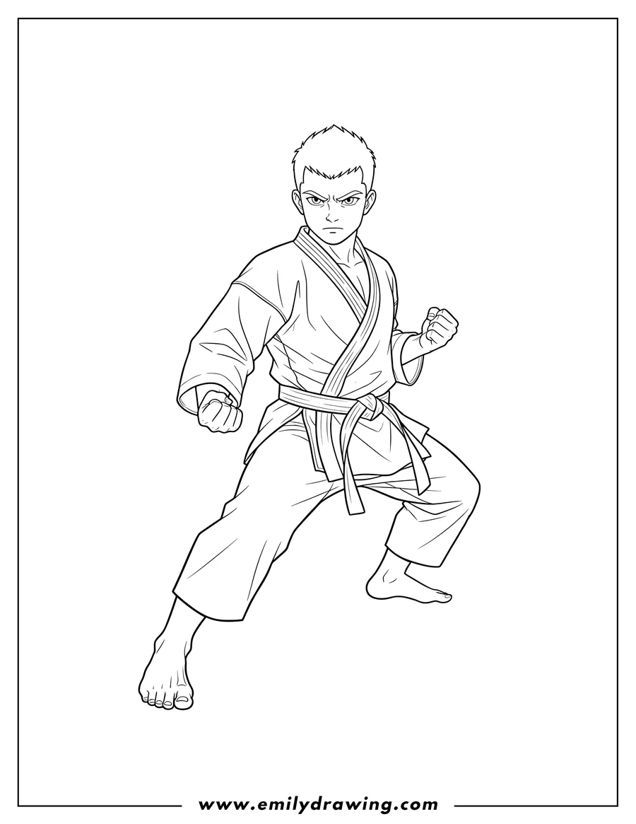 Downloadable coloring page of karate master, a young man in a gi, demonstrating a powerful stance